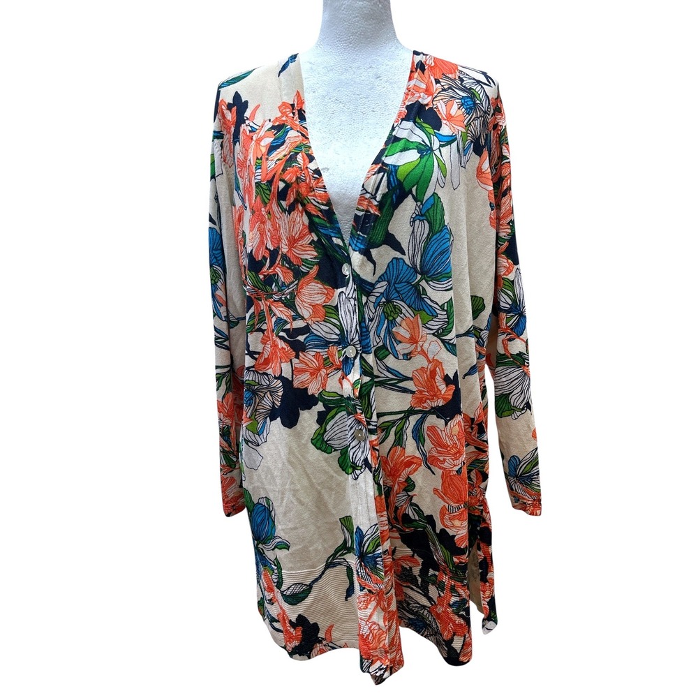 Chico's‎ Floral Longline Cardigan Sweater Womens Size  XL Tropical Button Front